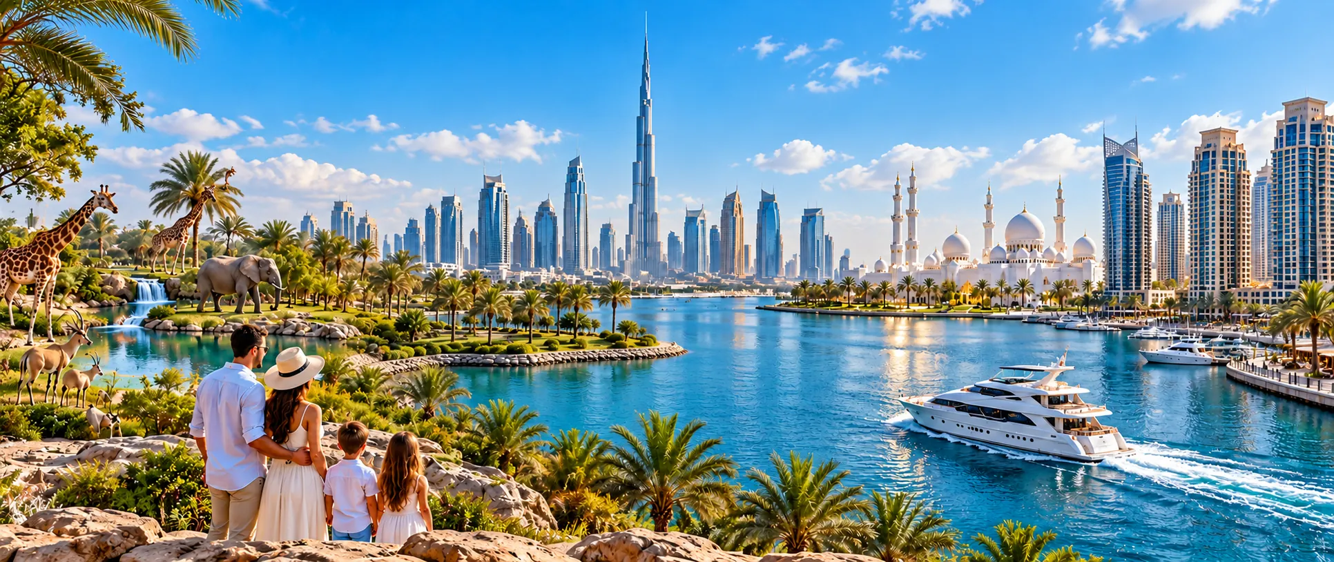 Illustration of Dubai skyline, wildlife and a yacht in daylight