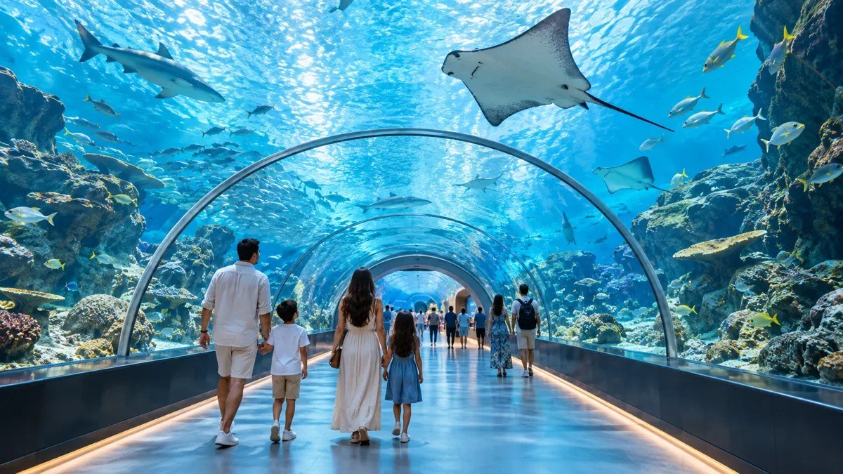 Illustration of visitors walking through an aquarium tunnel