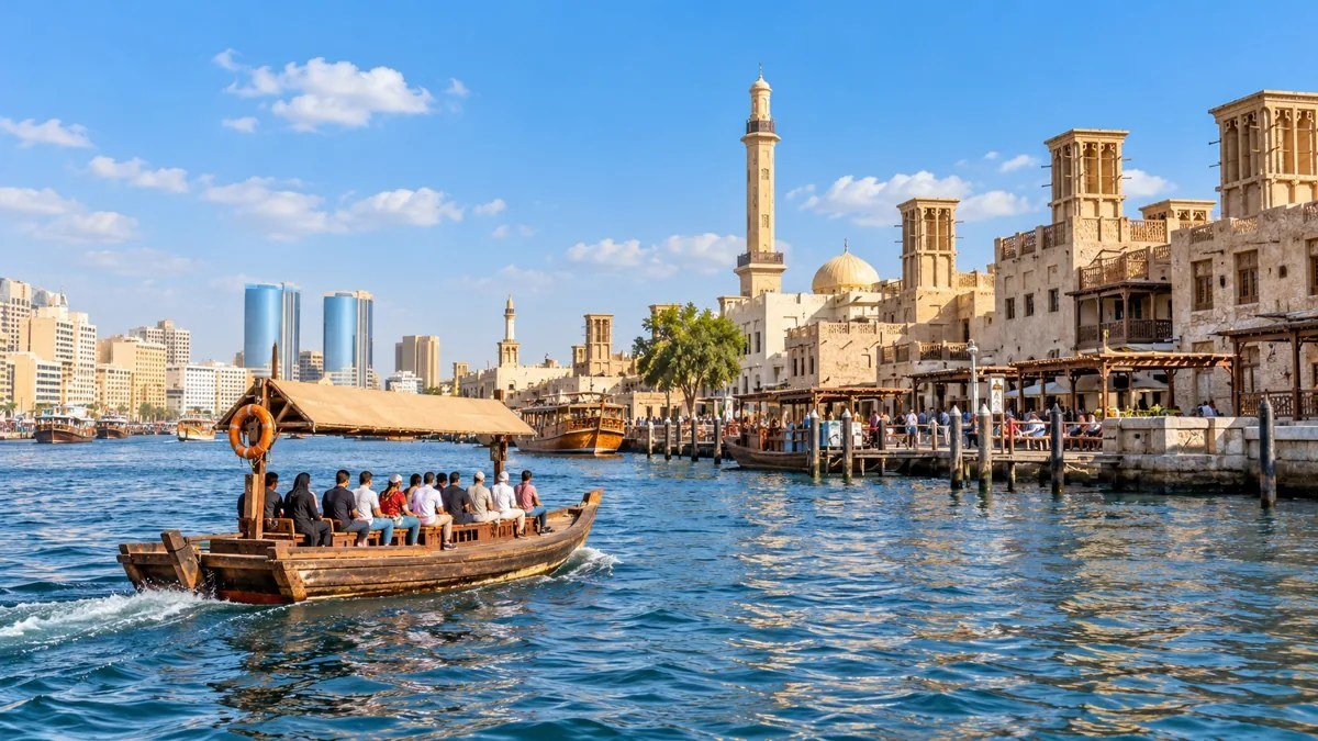 Illustration of a traditional abra and historic Dubai waterfront