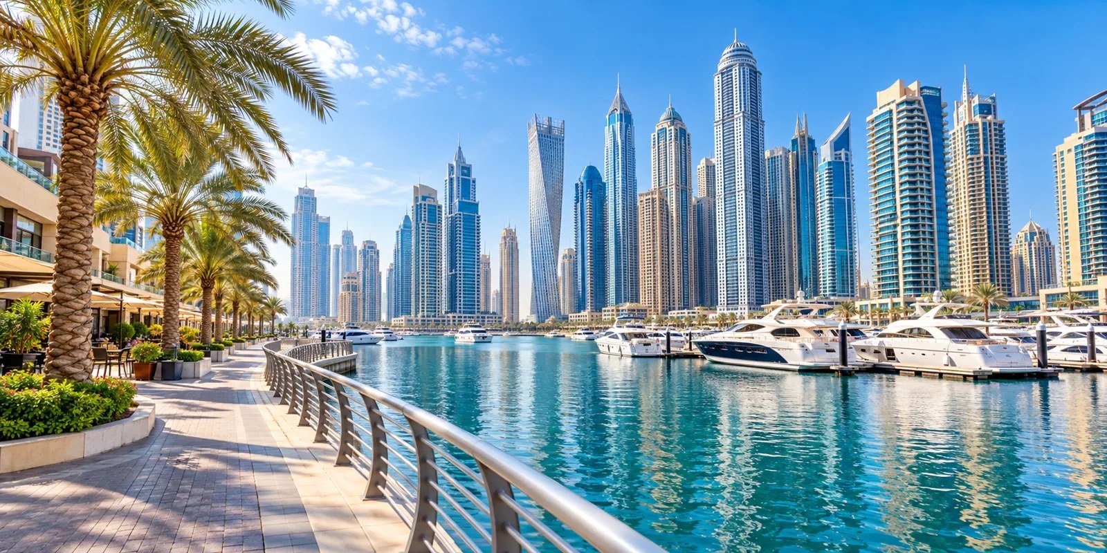 Illustration of a sunny Dubai Marina waterfront