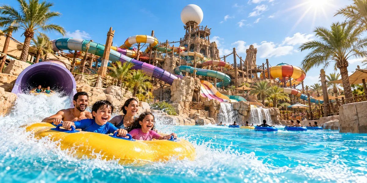 AI illustration of visitors at an outdoor water park