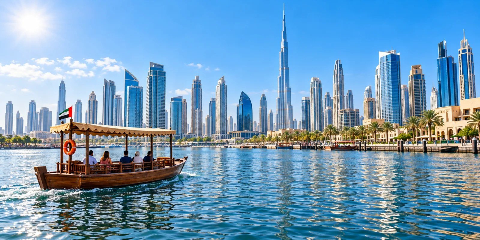 Illustration of a Dubai skyline and traditional boat on the water