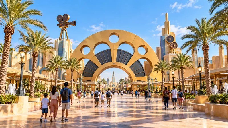 AI illustration of a movie-themed park entrance