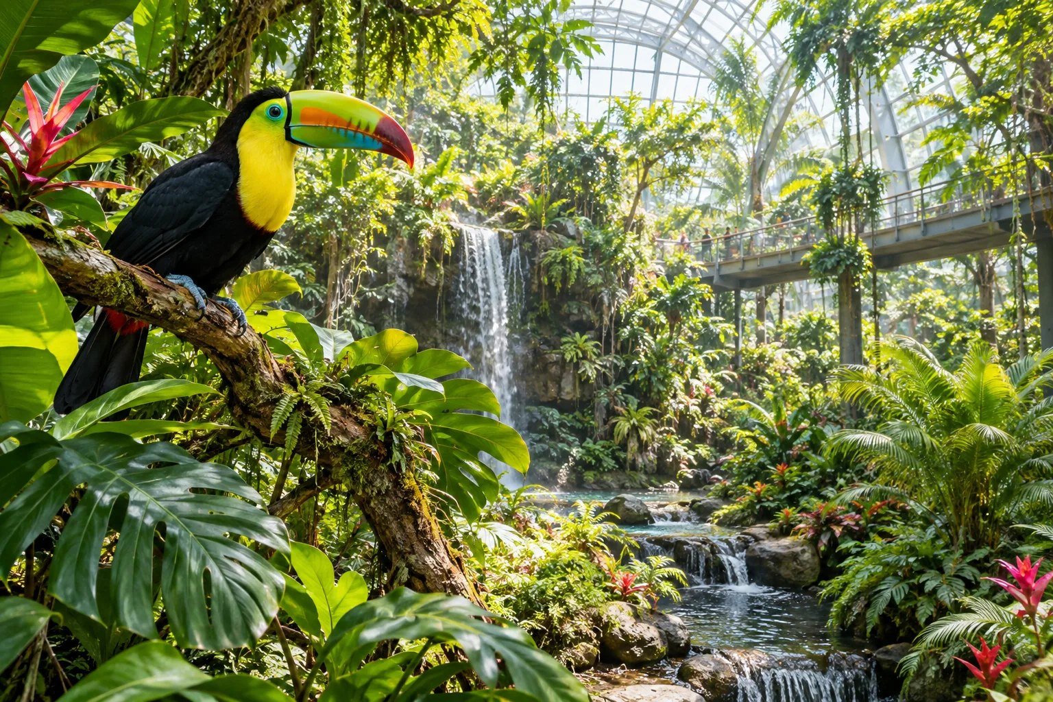 Illustration of a toucan in a tropical indoor garden