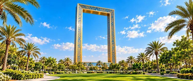 Illustration of Dubai Frame in a landscaped park during daylight
