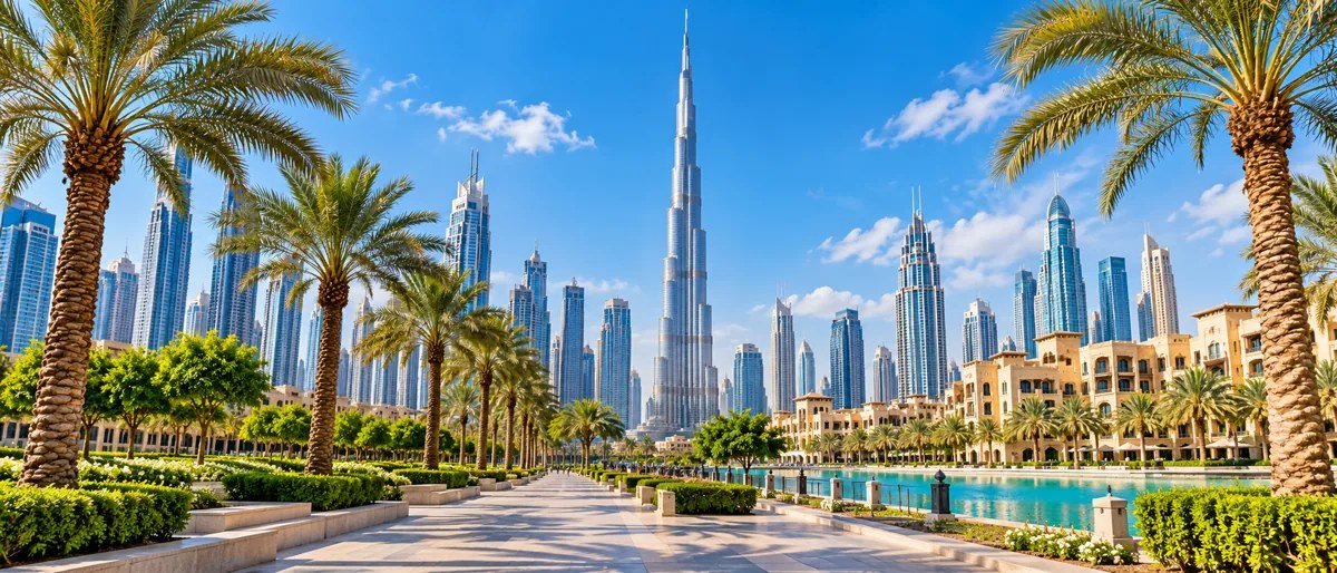 Illustration of a sunny Dubai skyline with palm trees