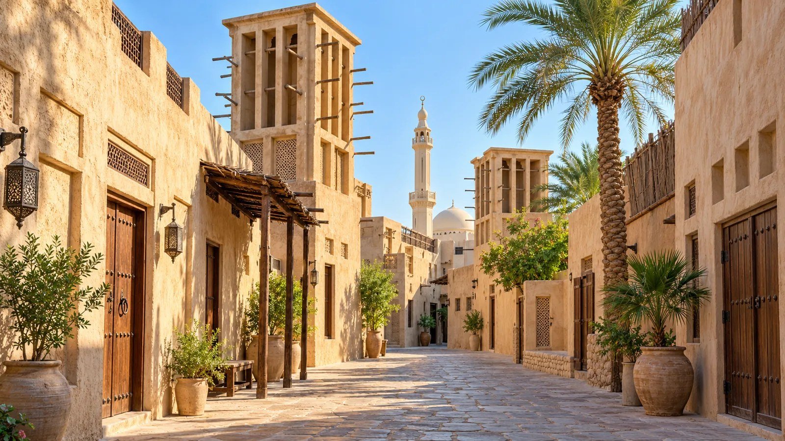Illustration of a sunlit traditional Old Dubai street