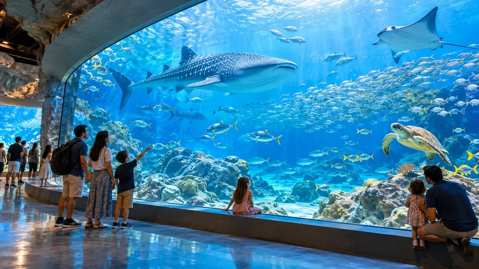 AI illustration of visitors viewing a marine aquarium