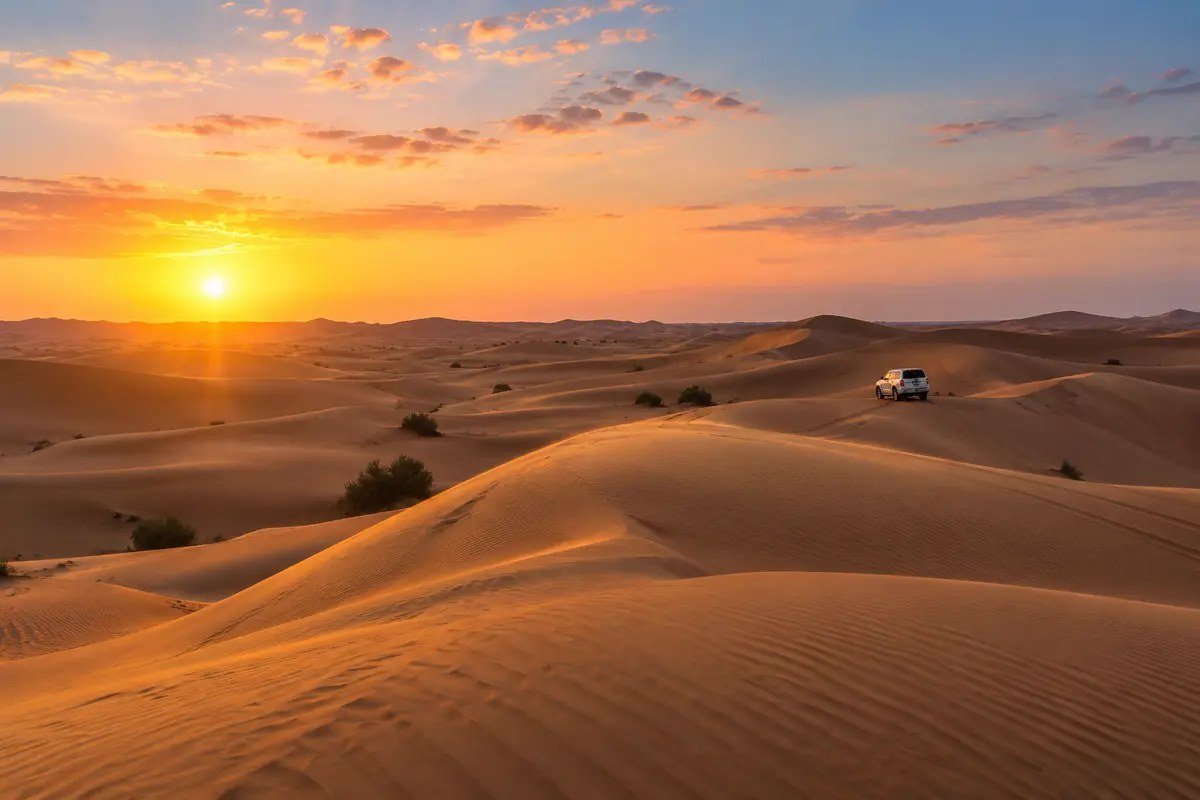 Illustration of a safari vehicle in desert dunes at dawn
