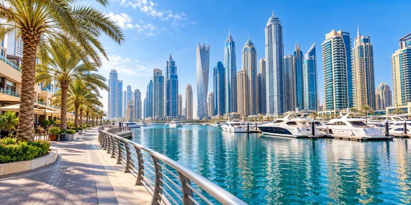 Illustration of a sunny Dubai Marina waterfront