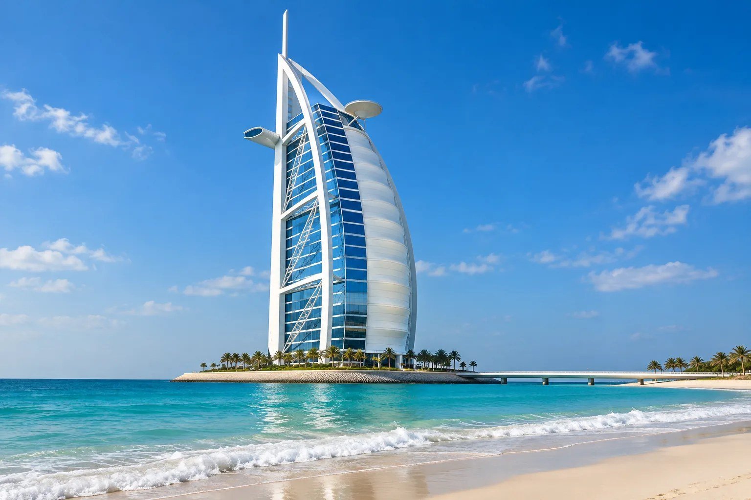 AI illustration of a sail-shaped hotel by the beach