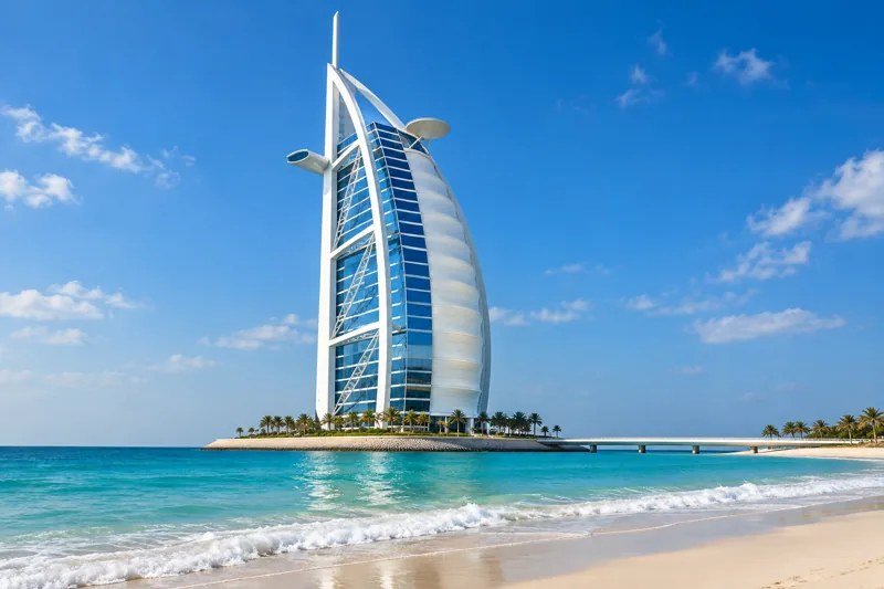 AI illustration of a sail-shaped hotel by the beach