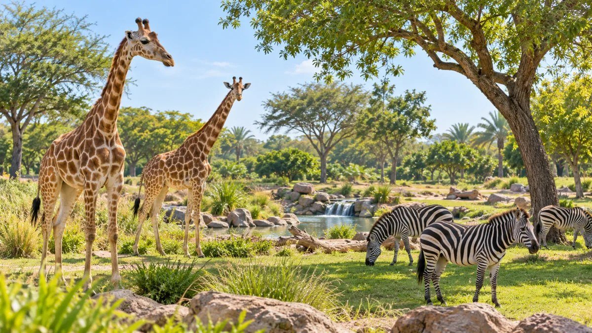 Illustration of giraffes and zebras in a sunny park