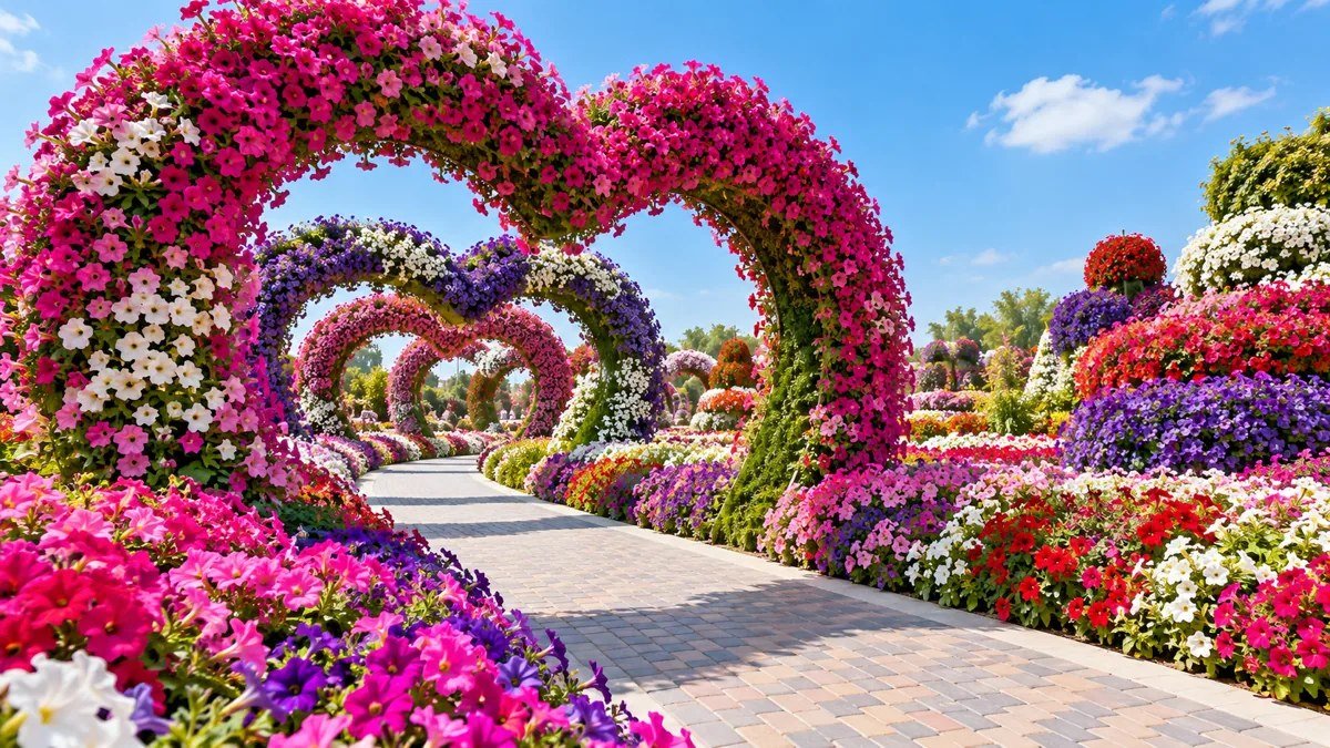 Illustration of colorful flower arches in a sunny garden