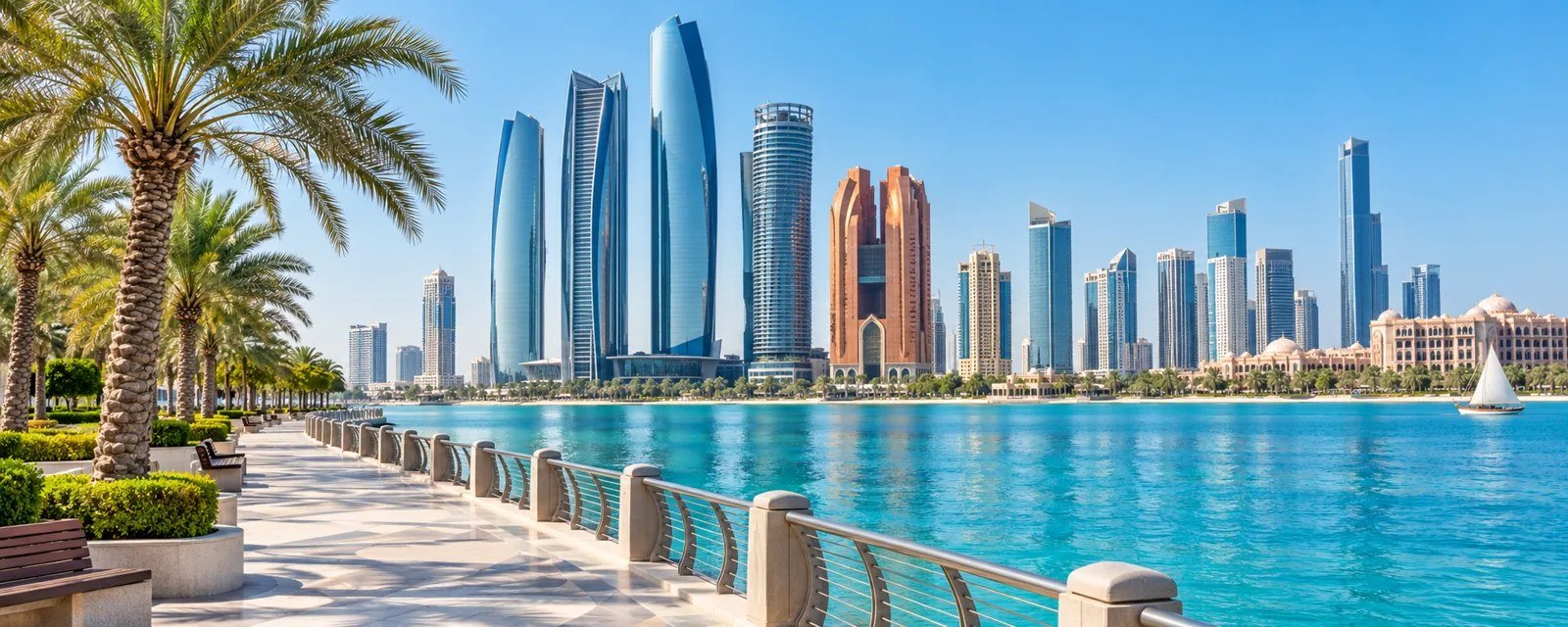 Illustration of an Abu Dhabi waterfront and skyline in daylight